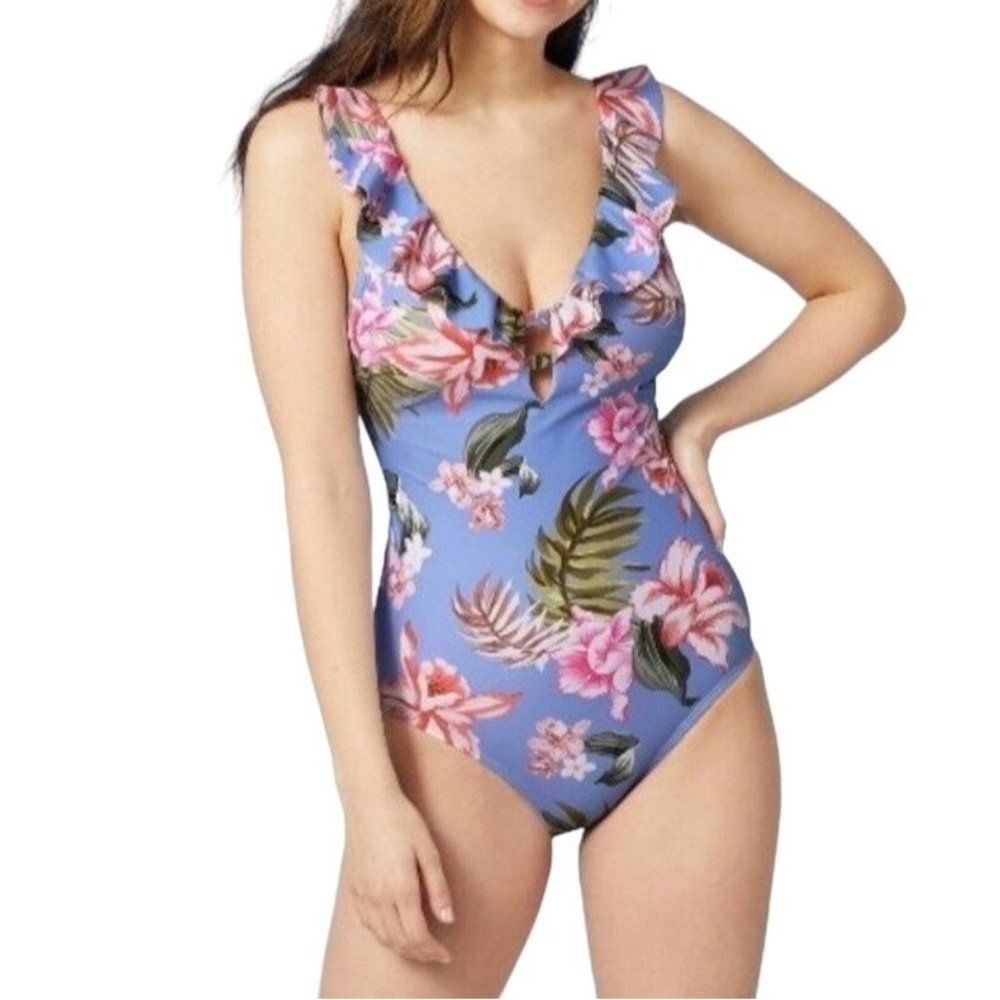 Kona Sol One Piece Blue Tropical Print Ruffle Neck High Coverage Swim Suit S M